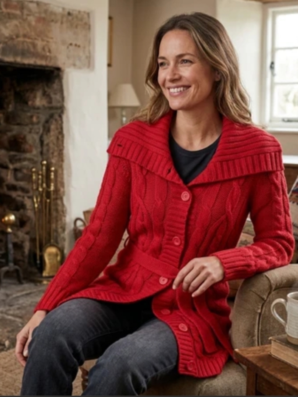 St. John's Bay Red Cable Knit Button Up Long Cardigan Sweater With Belt Size L